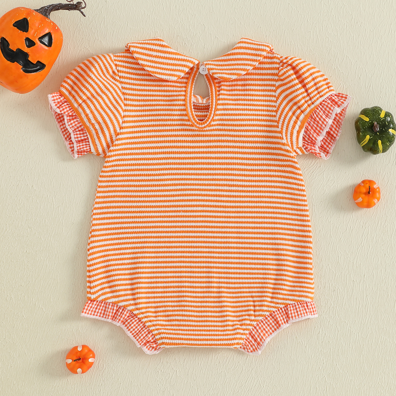 Baby Girl Halloween Pumpkin Plaid Bubble Romper Jumpsuit - Image 4