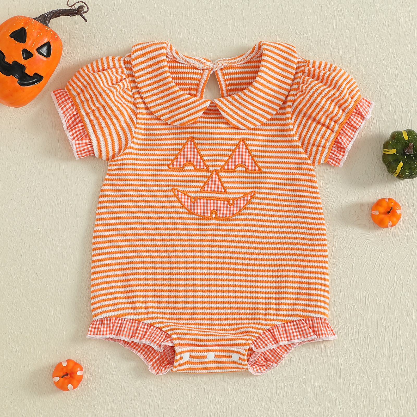 Baby Girl Halloween Pumpkin Plaid Bubble Romper Jumpsuit - Image 2