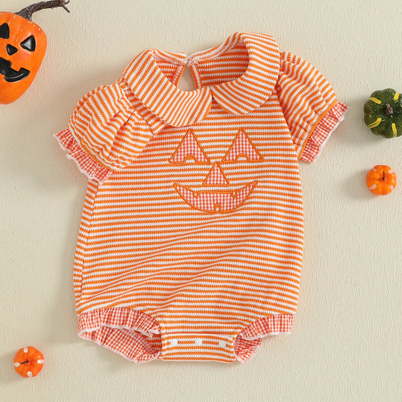Baby Girl Halloween Pumpkin Plaid Bubble Romper Jumpsuit - Image 3