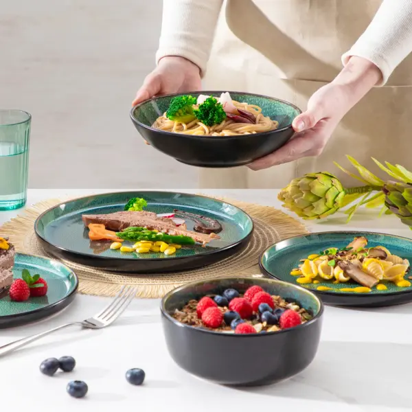 24-Piece Green Dinnerware Set – Reactive Glaze Ceramic Plates & Bowls, Dishwasher Safe