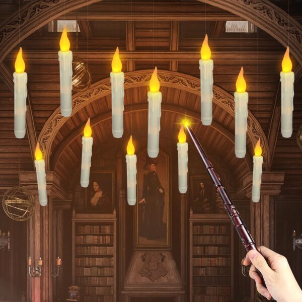 Floating Candles with Magic Wand Flickering Warm Light LED Flameless Candle Taper Candles