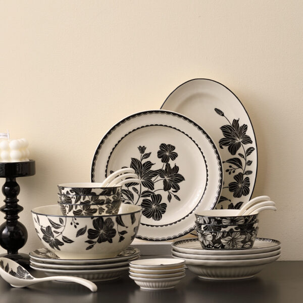 French Retro Floral Porcelain Dinnerware Set with Plates & Bowls