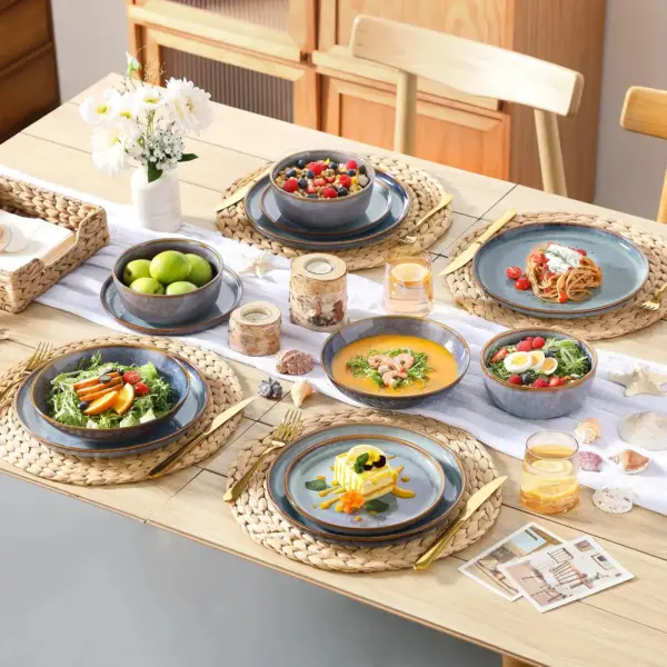 Grey-Blue Reactive Glaze Stoneware Dinnerware Set – 16 Pieces