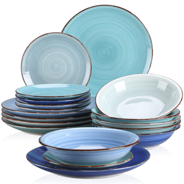 Blue Swirl Earthenware Dinnerware Set for 6 People - 18 Pieces