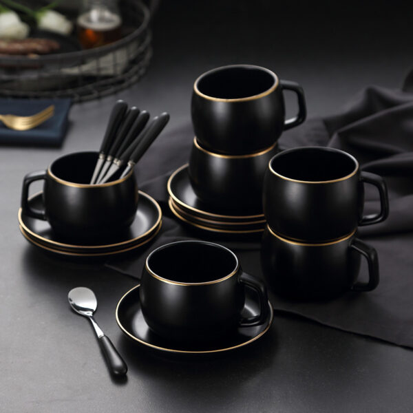 Modern Matte Black Ceramic Coffee Cup & Saucer Set with Gold Border