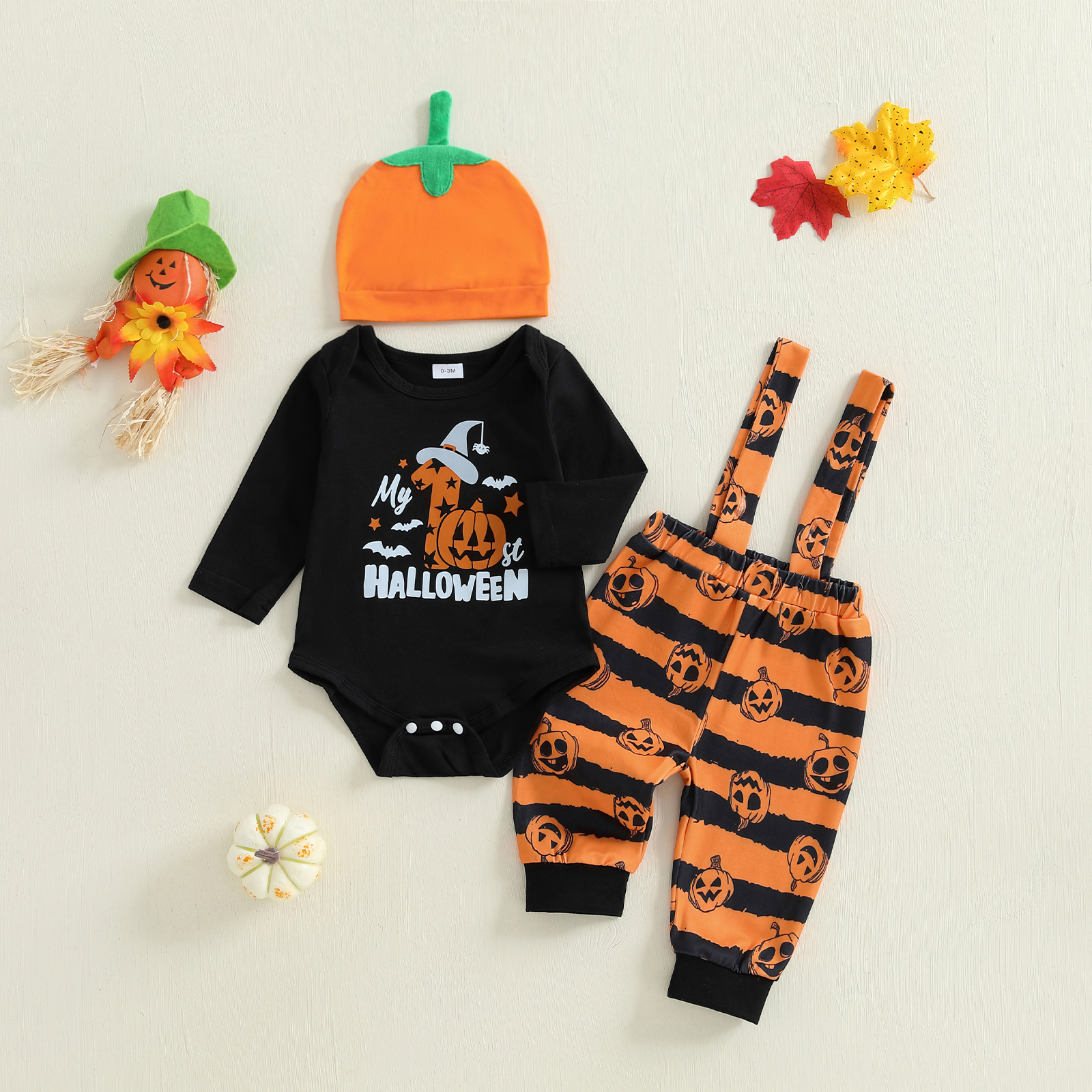 Baby Halloween Outfit 3Pcs Set Romper Pumpkin Pants & Hat