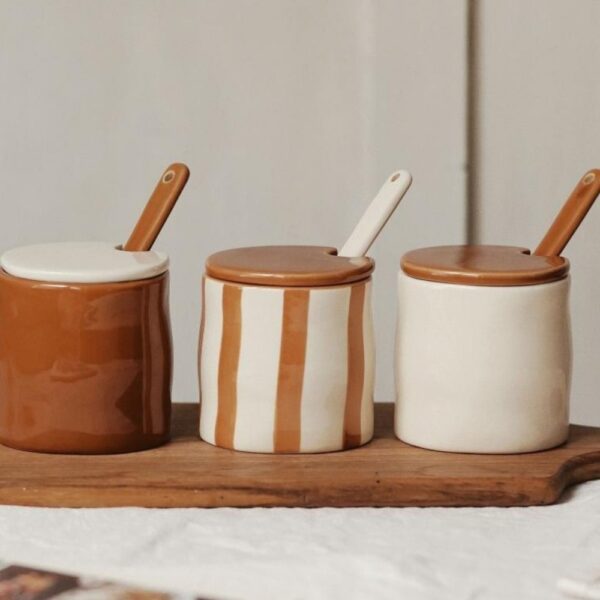 Vintage Ceramic Stripe Spice Jar with Spoon – Decorative Kitchen Storage Container