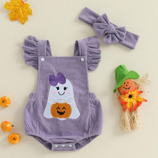 Infant Baby Girl Halloween Romper with Ghost Embroidery and Headband Set