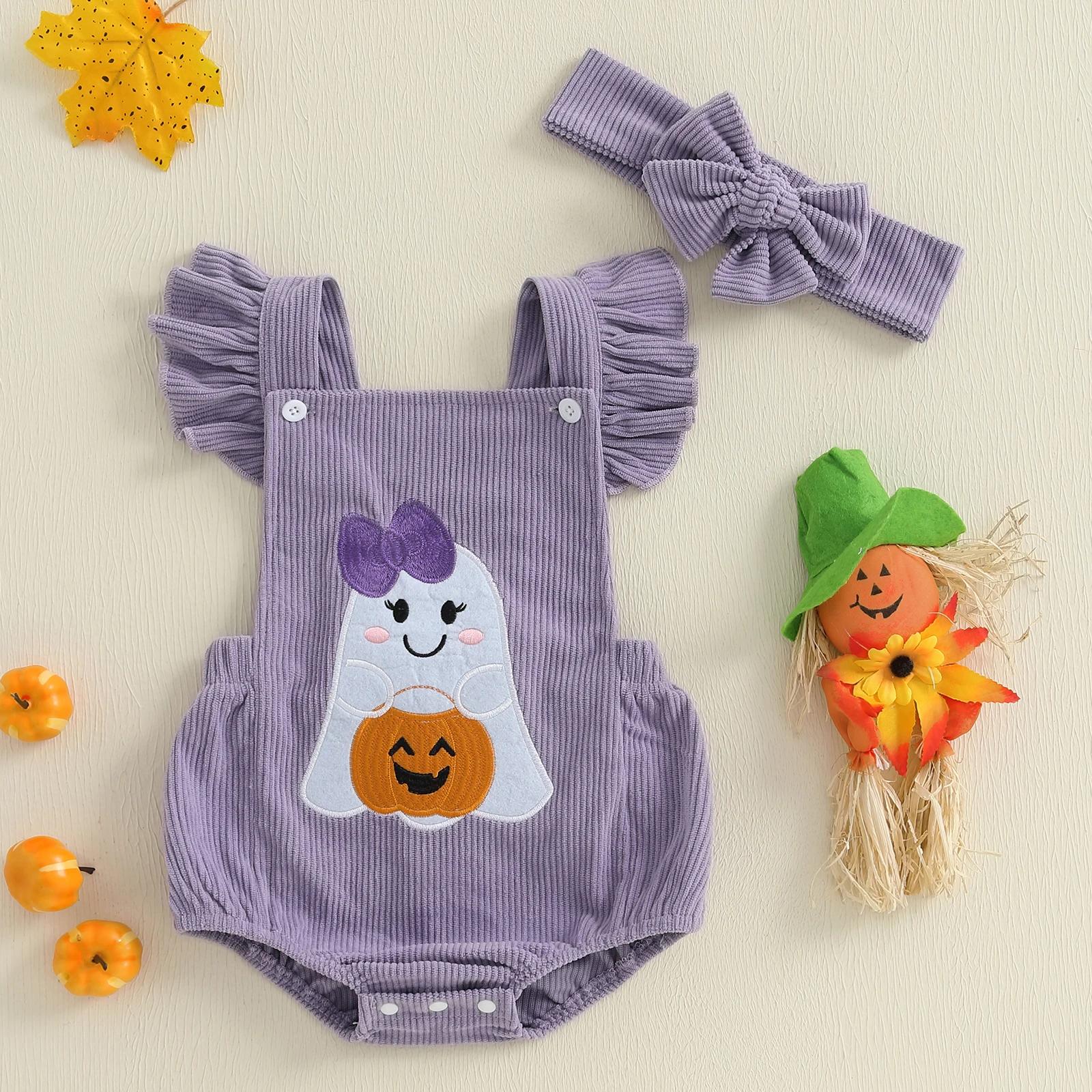 Infant Baby Girl Halloween Romper with Ghost Embroidery and Headband Set
