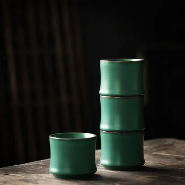 Bamboo Shape Ceramic Tea Cups Set of 3 - Vintage Kiln Fired 120ml Pottery Cups