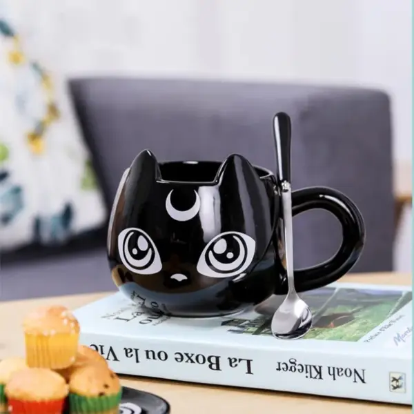 Cute Cartoon Cat Mug & Plate Set with Spoon – Charming Bone China Coffee Cup