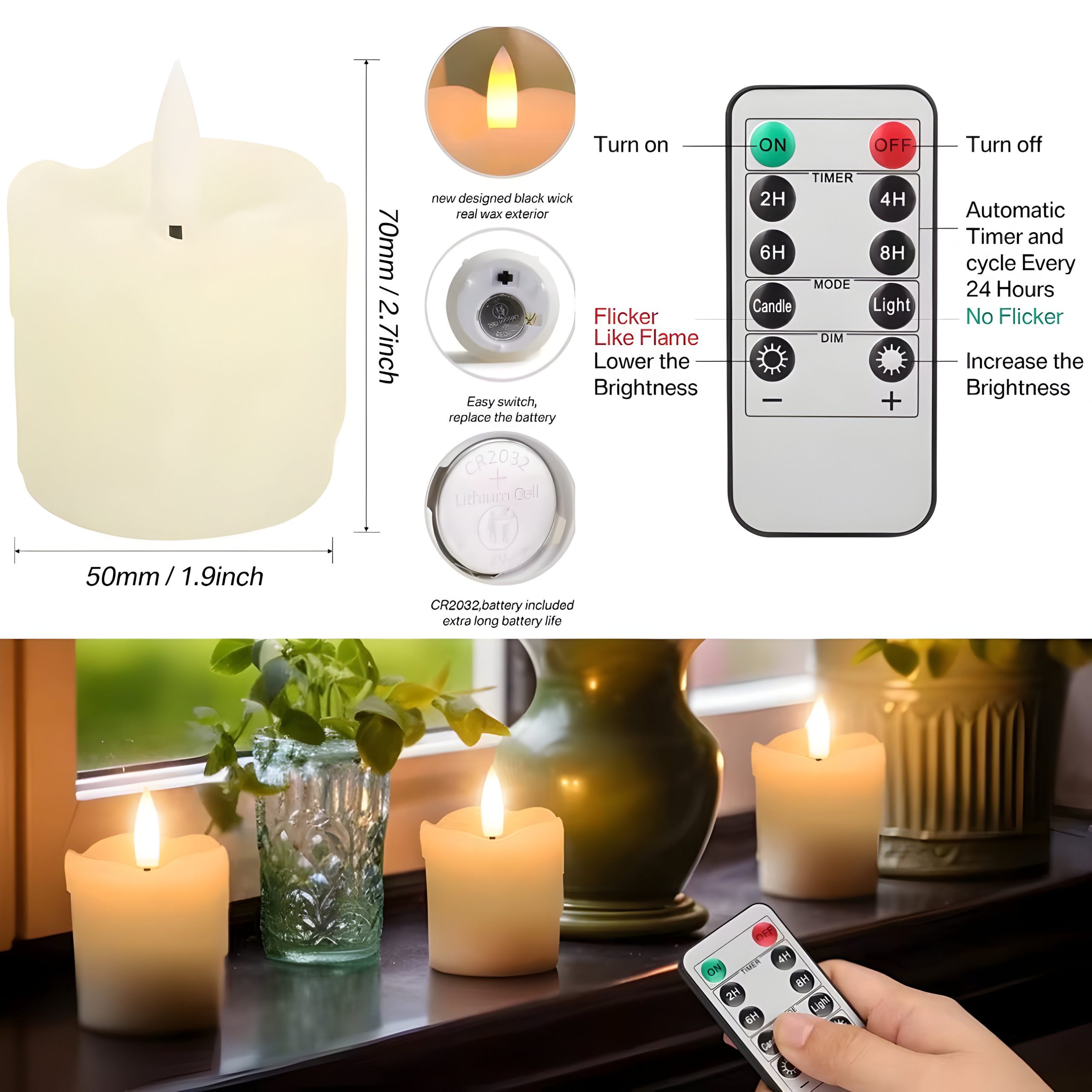6Pc Real Wax LED Tea Light Candles with Timer – Battery Operated, Flickering Black Wick Candles - Image 6
