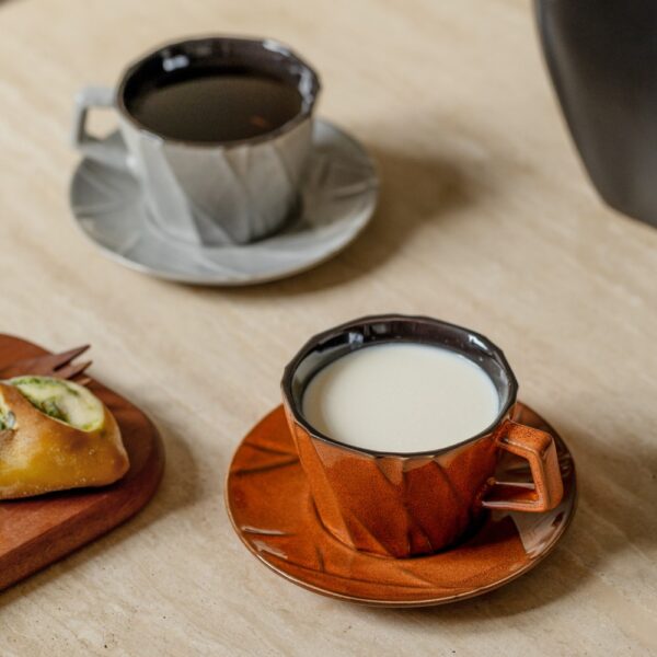 Vintage Brown Ceramic Coffee Cup & Saucer Set