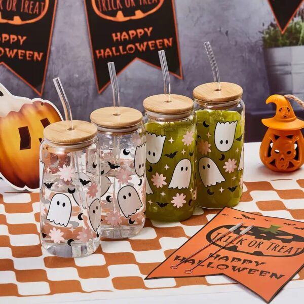 Halloween Glass Cup with Lid and Straw 18.7oz – Cute Ghost Design