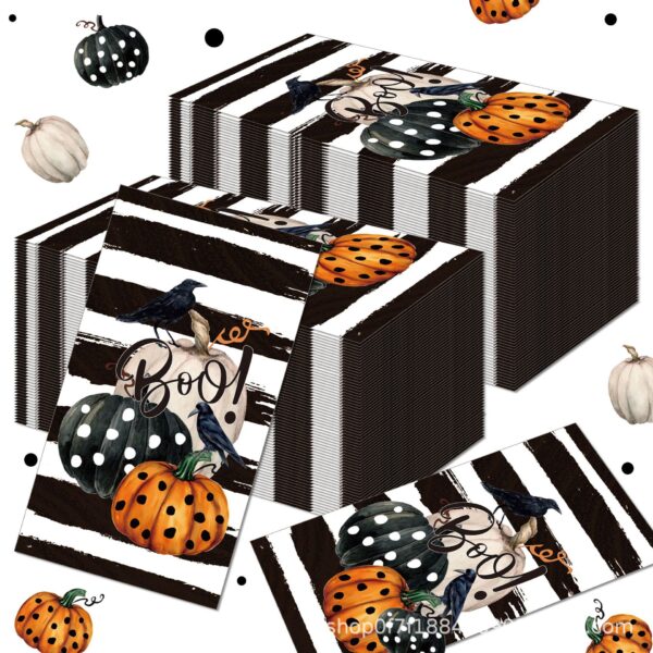 100PCS Black & White Stripe Pumpkin Paper Napkins for Halloween Party