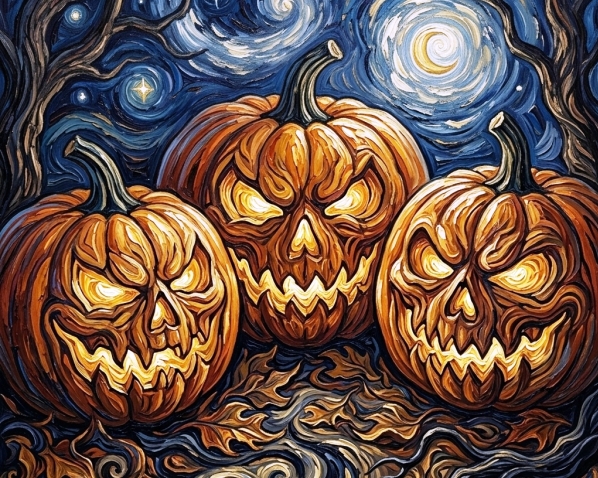 Three carved Halloween pumpkins with glowing faces